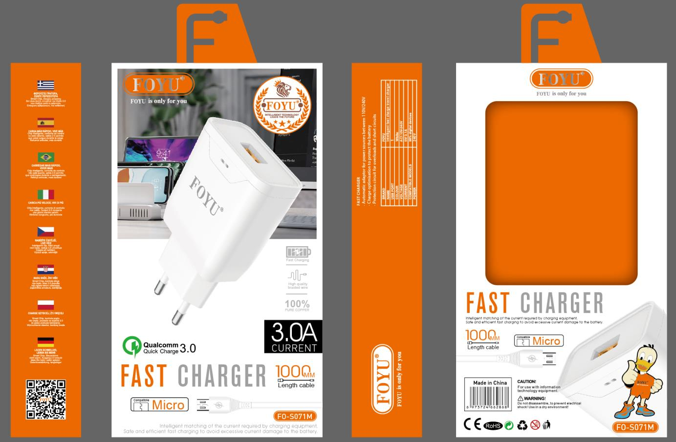 Мережевий зарядний пристрій FOYU FO-S071 Fast Charger QC3.0 18W з кабелем Micro USB Мережевий зарядний пристрій FOYU FO-S071 Fast Charger QC3.0 18W з кабелем Micro USB