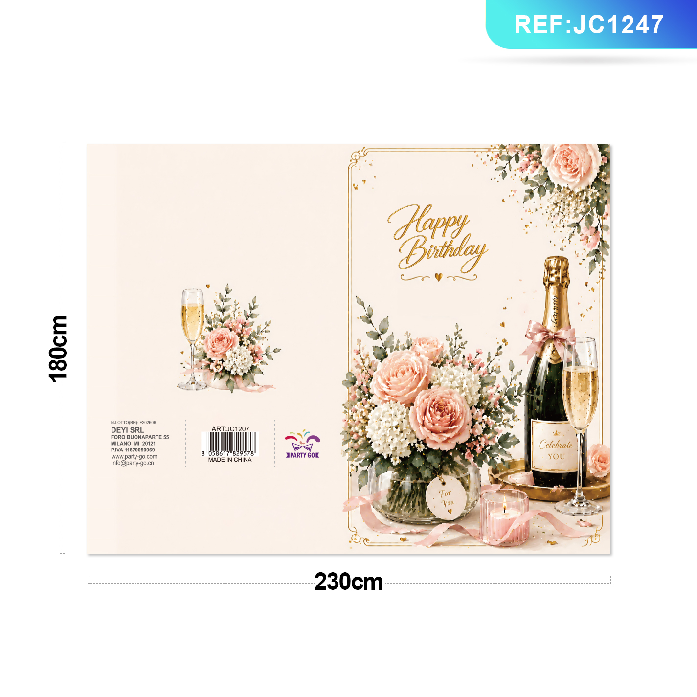 Листівка «Happy Birthday» з квітами та шампанським із золотим тисненням Party GO, 23×18 см Листівка «Happy Birthday» з квітами та шампанським із золотим тисненням Party GO, 23×18 см