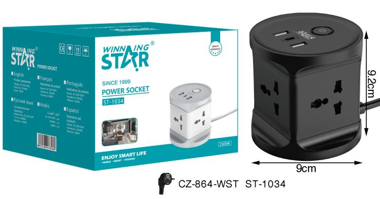 Мережевий подовжувач-куб STAR ST-1034 на 4 розетки, 2 USB і Type-C Мережевий подовжувач-куб STAR ST-1034 на 4 розетки, 2 USB і Type-C