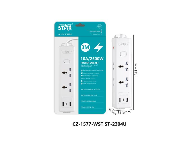 Подовжувач мережевий STAR ST-2304U на 2 розеток + 2 USB і Type-C, білий Подовжувач мережевий STAR ST-2304U на 2 розеток + 2 USB і Type-C, білий