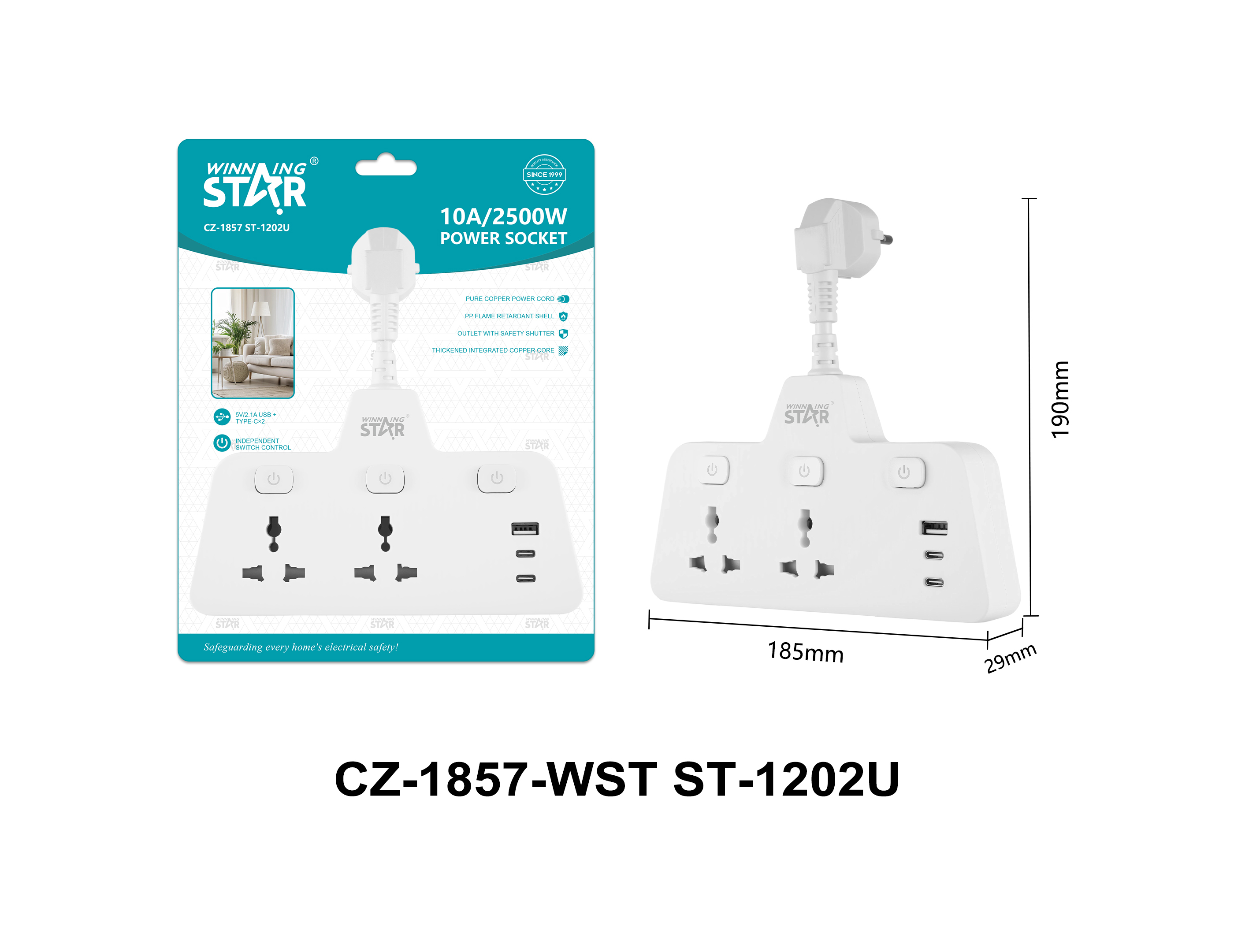 Адаптер мережевий STAR ST-1202U на 2 розетки + USB + 2 Type-C Адаптер мережевий STAR ST-1202U на 2 розетки + USB + 2 Type-C