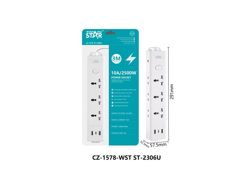 Подовжувач мережевий STAR ST-2306U на 3 розеток + 2 USB і Type-C, білий Подовжувач мережевий STAR ST-2306U на 3 розеток + 2 USB і Type-C, білий