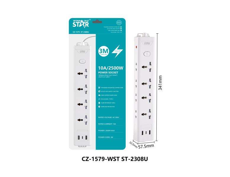 Подовжувач мережевий STAR ST-2308U на 5 розеток + 2 USB і Type-C, білий Подовжувач мережевий STAR ST-2308U на 5 розеток + 2 USB і Type-C, білий