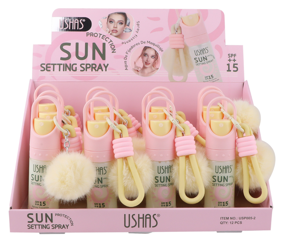 Спрей для фіксації макіяжу з SPF USHAS Sun Setting Spray з брелоком-помпоном Спрей для фіксації макіяжу з SPF USHAS Sun Setting Spray з брелоком-помпоном