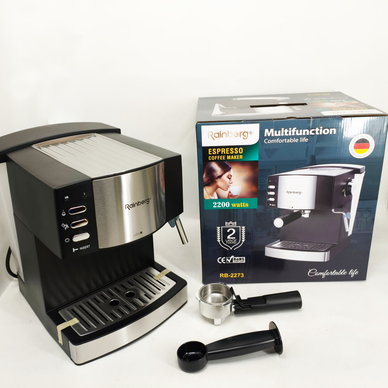 Кофемашина рожковая эспрессо Rainberg RB-2273 2200Вт с капучинатором 1.6л, полуавтоматическая кофеварка Кофемашина рожковая эспрессо Rainberg RB-2273 2200Вт с капучинатором 1.6л, полуавтоматическая кофеварка
